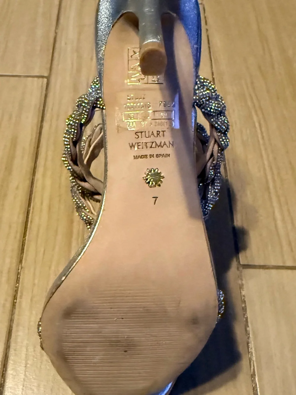 Stuart Weitzman Silver Braided Crystal Embellished Stiletto Sandals, Size 7